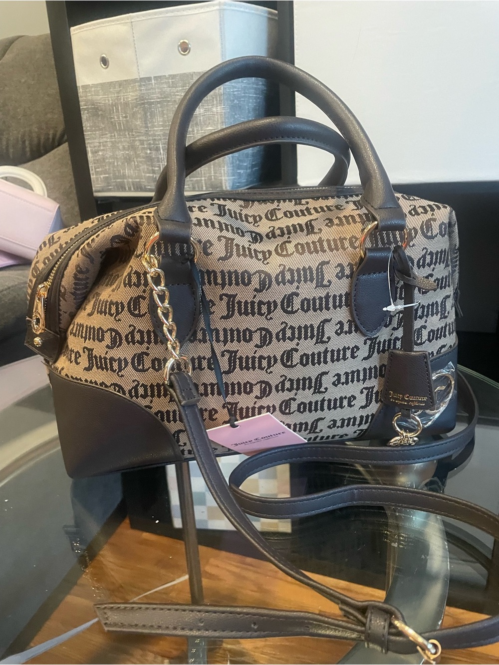 Juicy Couture Brown Logo Print Satchel with Gold Hardware